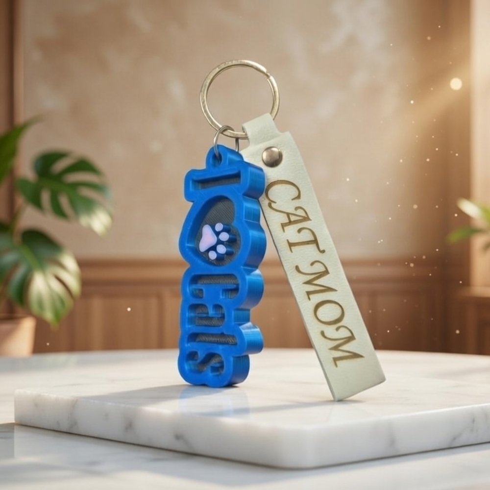Cat Mom Keychain! 3D Keychain and Engraved Leather Strap